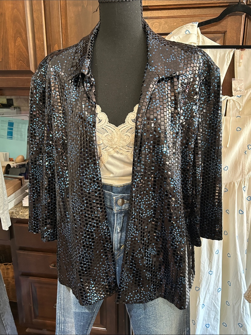 Y2K N-Touch Black Blue Sz XL Open Front Foiled Jacket - Formal